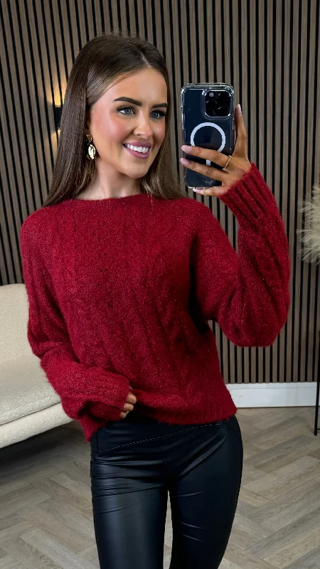 Savings You Can’t Ignore!Macy Burgundy Detailed Print Chunky Knit Jumper
