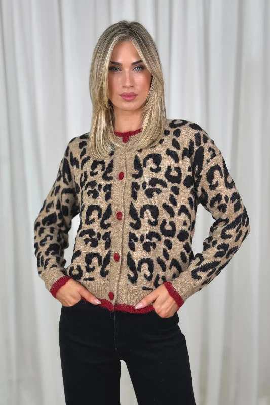 Biggest Sale of the Season!Millie Red Trim Cardigan In Leopard Print