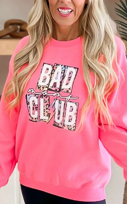 Every Deal is a Steal!Neon Pink BAD MOMS CLUB Graphic Crewneck Sweatshirt