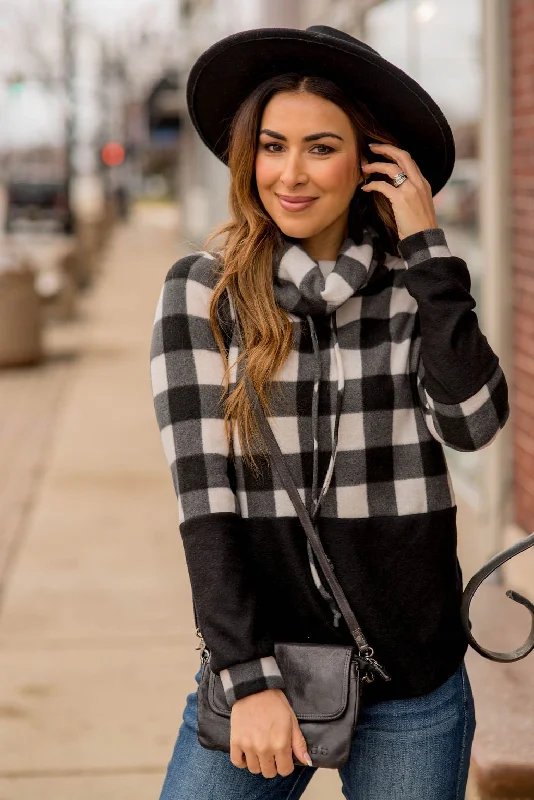 Save Up to 50% Off!Solid Bottom Buffalo Check Cowl Neck