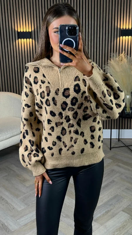 Instant Savings Await!Udessa Beige & Black Leopard Print 1/4 Zip Roll Neck Jumper
