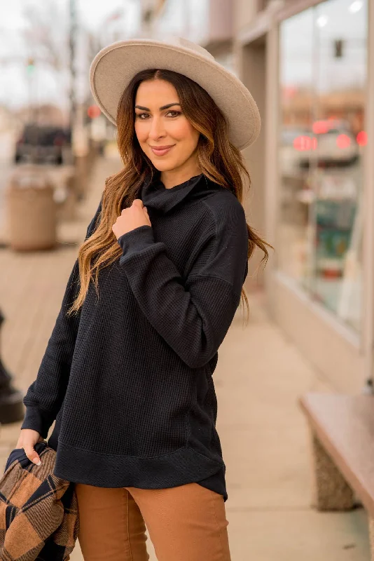 Find the Best Deals Here!Waffled Solid Accented Cowl Neck Sweatshirt
