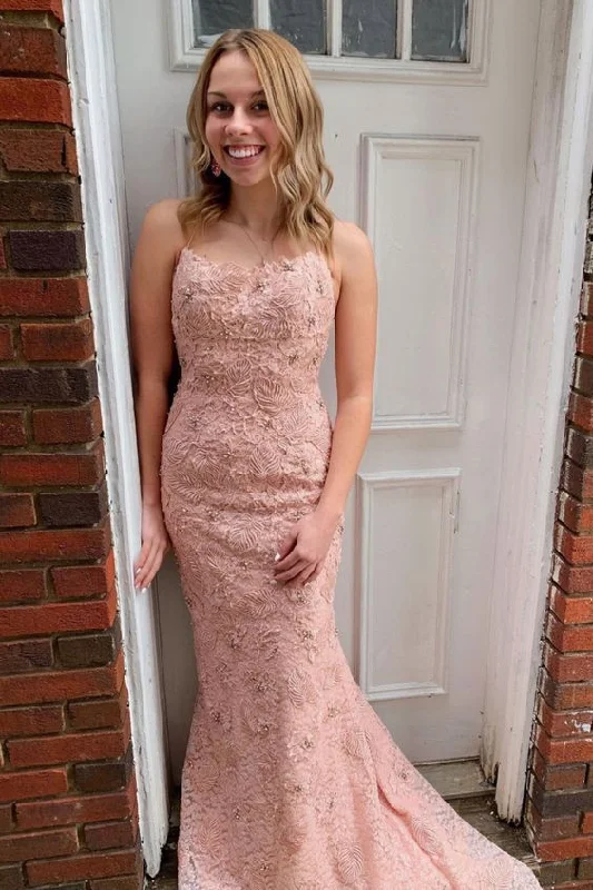 The Sale You’ve Been Waiting For!2022 spaghetti straps mermaid blush pink lace long prom dress cg21521 The Sale You’ve Been Waiting For!2022 spaghetti straps mermaid blush pink lace long prom dress cg21521