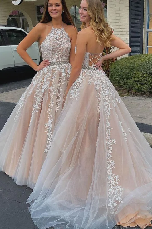 Mega Sale Happening Now!A-line ivory lace appliqued long prom dress with halter neckline cg21513 Mega Sale Happening Now!A-line ivory lace appliqued long prom dress with halter neckline cg21513