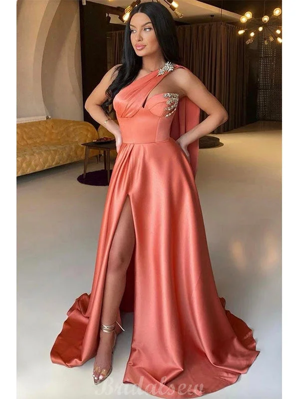 Save More When You Shop More!A-line One Shoulder Coral Satin Modest Women Long Evening Prom Dresses PD581