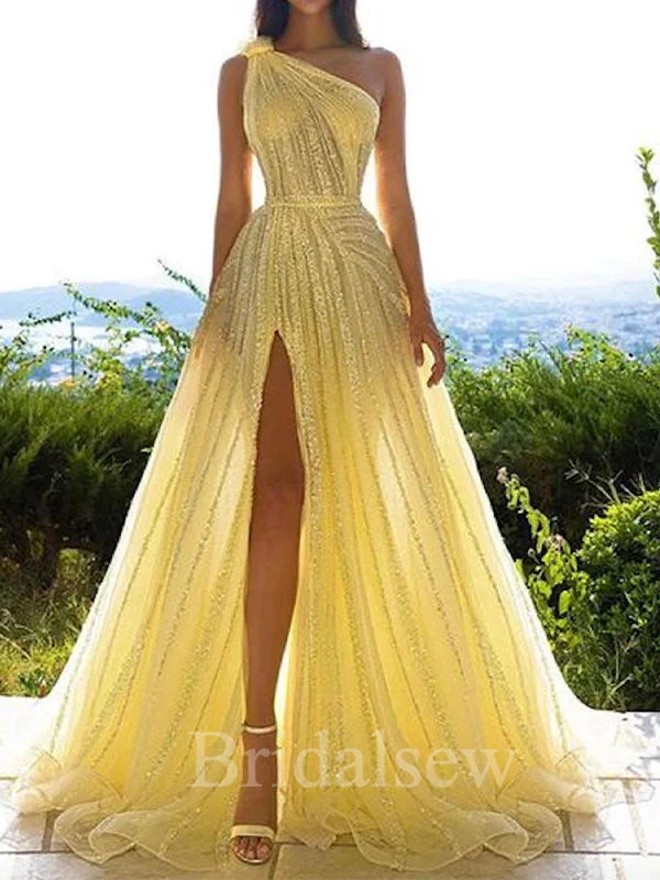 Incredible Savings Inside!A-line Yellow One Shoulder Sequin Sparkly Black Girls Slay Women Long Evening Prom Dresses PD585