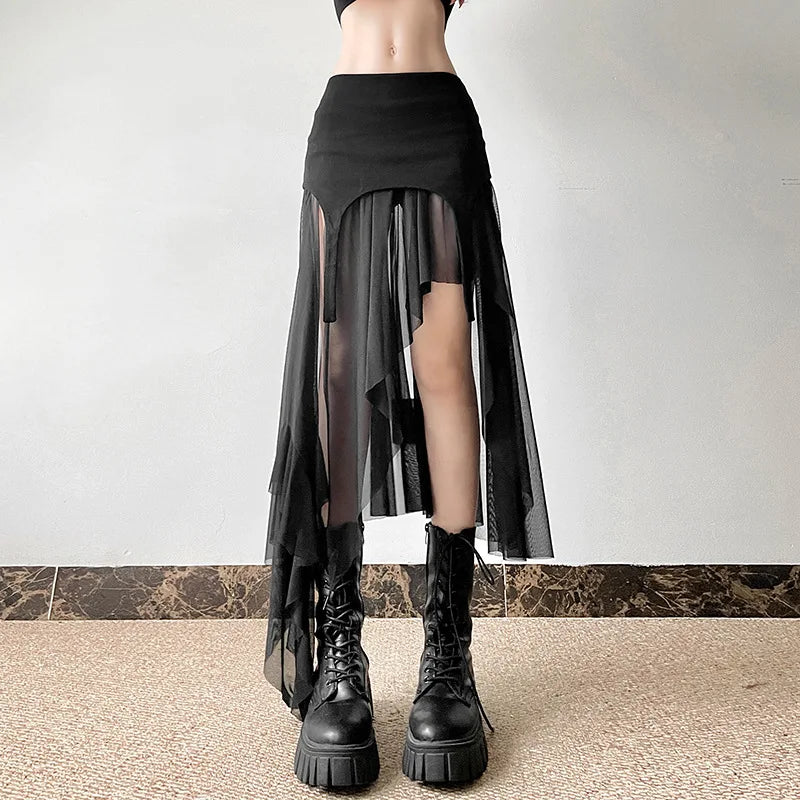 Get It Before It’s Gone!Streetwear Irregular Cyber Mesh Y2K Fashion Hem Alt Goth Patchwork Skirt Mid Harajuku Club