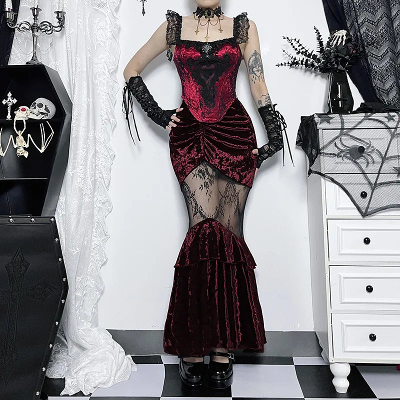 Shop Before It’s Gone!Gothic Women Sexy Lace Grunge Velvet Fairy Black Skirt Fishtail Stitching Fall