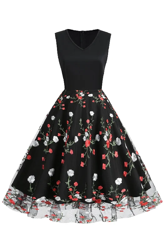 Limited Stock Available!Black Vintage 1950s Dress with Embroidery