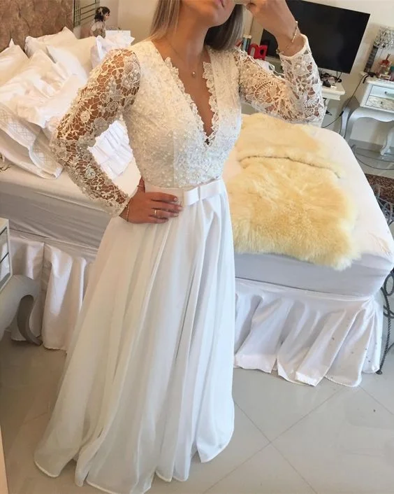 Save Like Never Before!Elegant Long Sleeve Prom Dress,A Line Evening Dresses Lace Floor Length Sexy V Neck See Through Back White Custom Made Prom Dress cg21487 Save Like Never Before!Elegant Long Sleeve Prom Dress,A Line Evening Dresses Lace Floor Length Sexy V Neck See Through Back White Custom Made Prom Dress cg21487