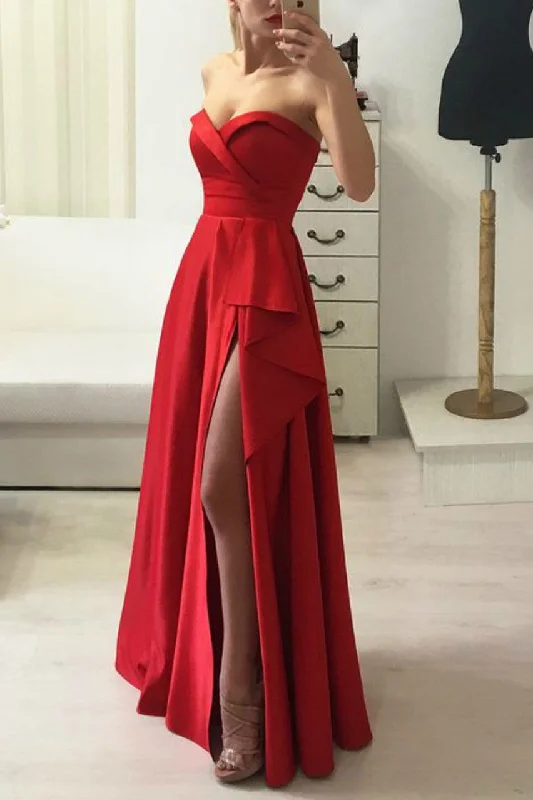 Flash Deals – Act Quickly!Floor-Length Red Satin Prom Gown Dress with Ruffled Slit Side Flash Deals – Act Quickly!Floor-Length Red Satin Prom Gown Dress with Ruffled Slit Side