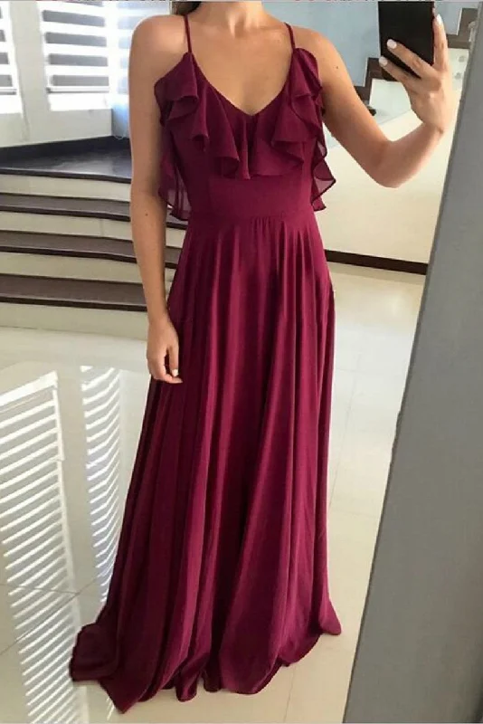 Seasonal Sale – Shop Now!Flounced Neckline Chiffon Prom Dresses with X Backless