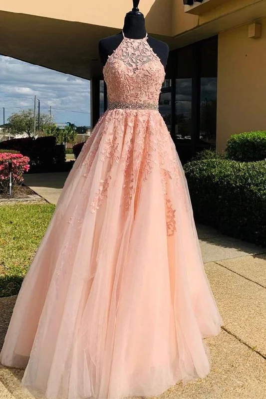 Buy More, Save More!halter A-line pink tulle and lace appliques long prom dress cg21516 Buy More, Save More!halter A-line pink tulle and lace appliques long prom dress cg21516