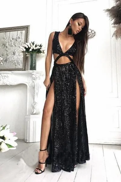 Shop Now and Save!Charming Sexy Sequin Sparkly Simple Black Split Long Fashion Prom Dresses   cg21468