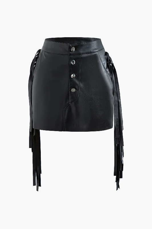 Buy More, Save More!Faux Leather Button Fringe Trim Mini Skirt