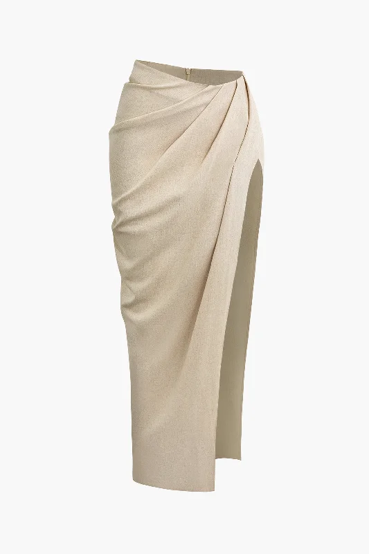 Find Your Perfect Deal Today!Linen Asymmetric Ruched Slit Midi Skirt