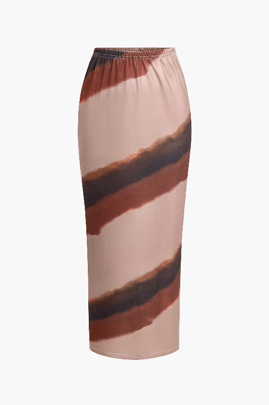 Huge Price Cuts Await!Color Block Print Slit Midi Skirt