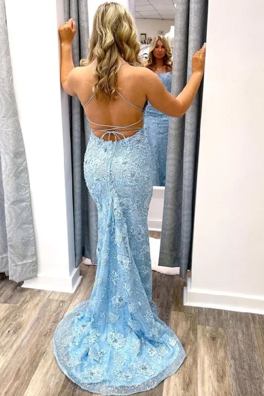 Crazy Discounts Inside!mermaid blue lace long prom dress with lace up back    cg21560