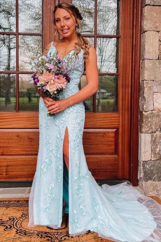 Upgrade for Less!mermaid light blue lace appliques long formal prom dress features with v neck cg21558 Upgrade for Less!mermaid light blue lace appliques long formal prom dress features with v neck cg21558