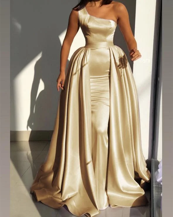 Limited-Time Price Drop!Mermaid One Shoulder Satin prom dresses Removable Skirt    cg21451