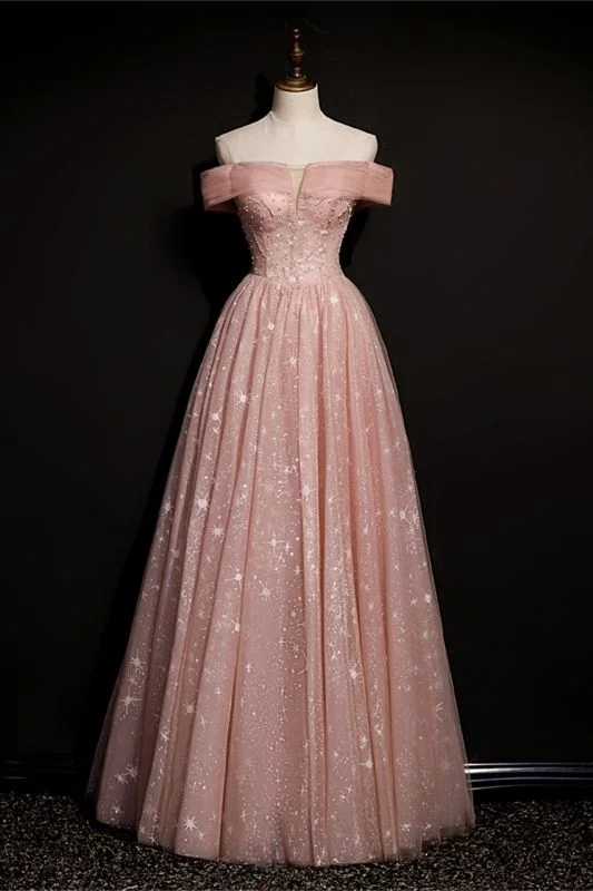 Snag the Best Prices Now!off the shoulder pink tulle long prom dress    cg21519