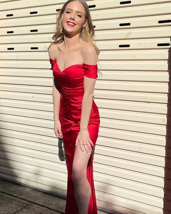 Instant Savings Await!Off the Shoulder Red Satin Simple Prom Dress with Side Slit cg21549 Instant Savings Await!Off the Shoulder Red Satin Simple Prom Dress with Side Slit cg21549