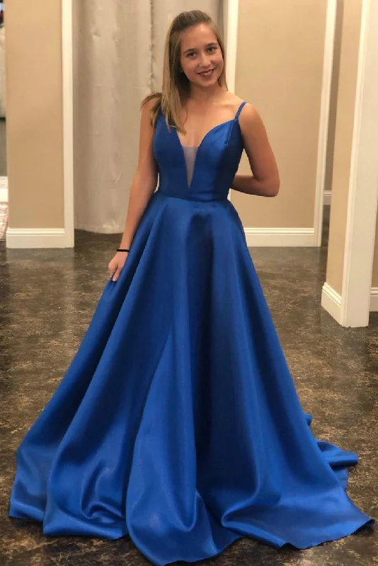 Time to Snag a Bargain!Plunging Neckline Satin Blue Prom Dresses with Lace-up Back