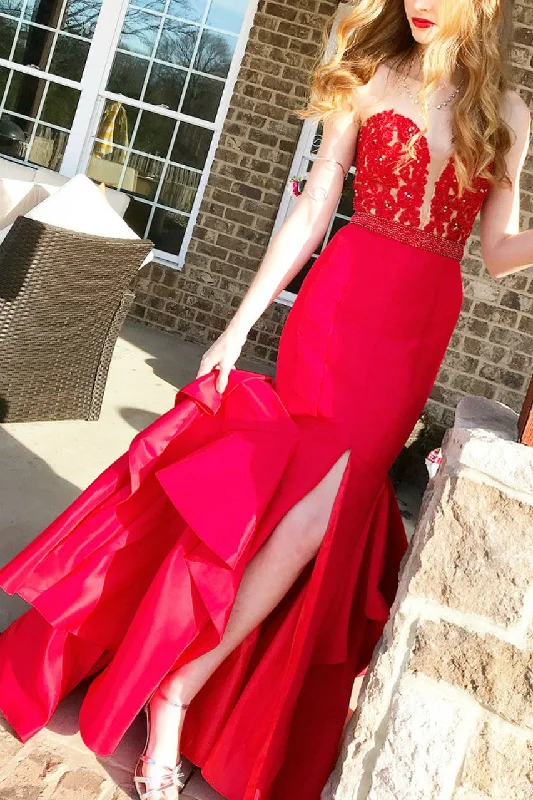 Best Price of the Season!Plunging Sweetheart Lace Red Mermaid Prom Gown with Ruffled Skirt Best Price of the Season!Plunging Sweetheart Lace Red Mermaid Prom Gown with Ruffled Skirt
