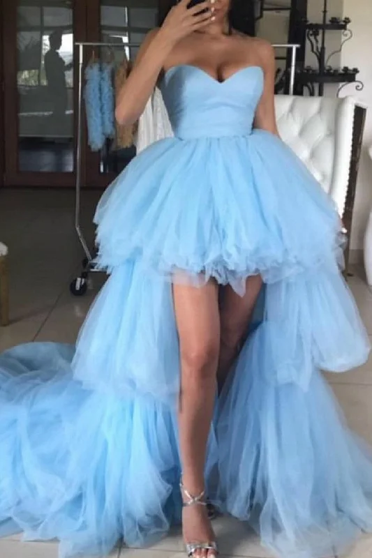 Biggest Sale of the Season!Sky-blue Sweetheart High-Low Prom Dresses with Rich Tulle Long Train