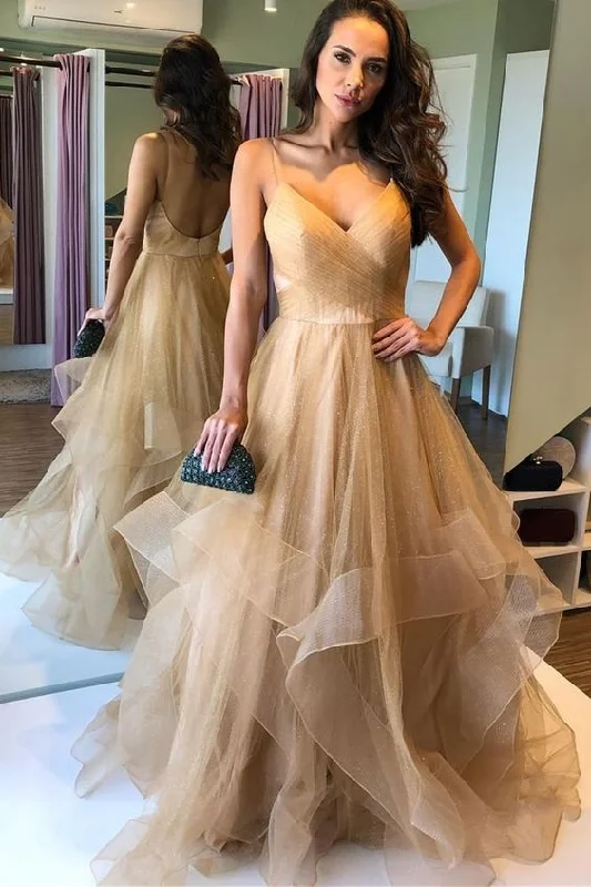 Exclusive Offers You’ll Love!spaghetti straps gold tulle long party dress with open back prom dress cg21522 Exclusive Offers You’ll Love!spaghetti straps gold tulle long party dress with open back prom dress cg21522