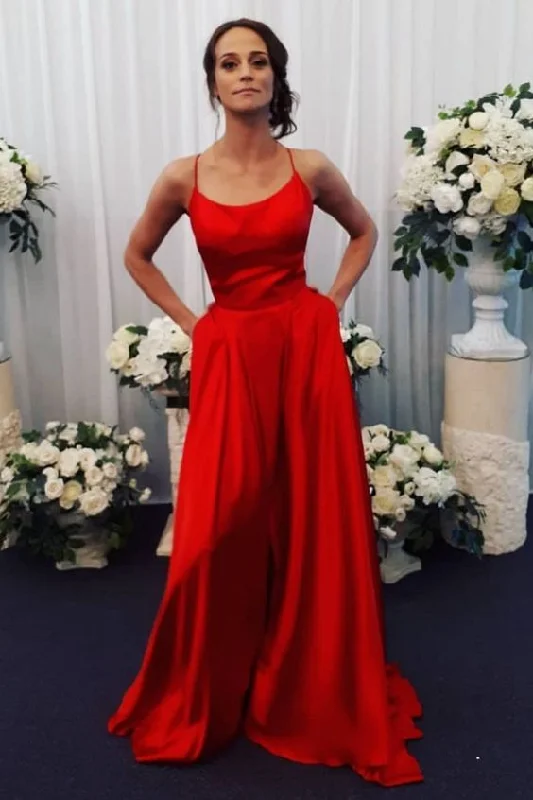 Get More for Less!spaghetti straps red A-line long prom dress with pockets and pockets   cg21462