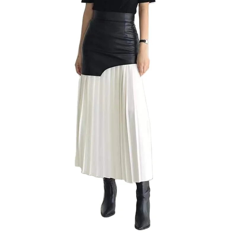 Don't Miss Out!Spring 2022 New Arrivals Women Dress False Two Pieces High Waist PU Leather Spliced Chiffon Mid-Length pleated Skirt Don't Miss Out!Spring 2022 New Arrivals Women Dress False Two Pieces High Waist PU Leather Spliced Chiffon Mid-Length pleated Skirt