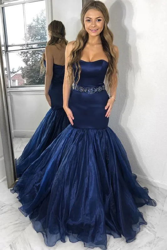 Get More, Spend Less – Shop Now!Strapless Satin Navy Blue Prom Dress Mermaid Organza Skirt Get More, Spend Less – Shop Now!Strapless Satin Navy Blue Prom Dress Mermaid Organza Skirt