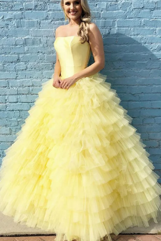 Your Exclusive Offer Awaits!Strapless Satin Yellow Prom Ball Gown Dress with Tulle Tiered Skirt