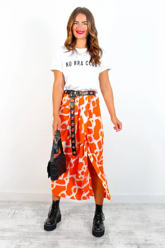 The Best Sale of the Year!Tame Me - Orange Animal Print Gathered Midi Skirt