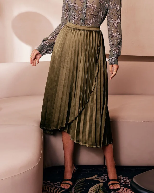 Hurry! While Supplies Last!The Green Pleated Tulip Hem Satin Midi Skirt