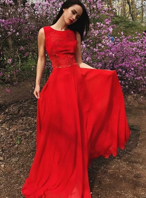 Crazy Discounts Inside!Two Piece Round Neck Red Chiffon Prom Dress with Appliques,A Line Formal Evening dress   cg21449