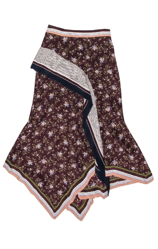 Save Like Never Before!Veronica Beard - Maroon Floral Print Skirt w/ Striped Asymmetrical Hem Sz 00