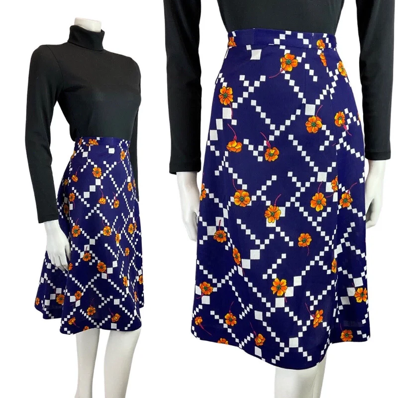 New Discounts Just Dropped!VINTAGE 60s 70s BLUE WHITE ORANGE GEOMETRIC FLORAL MOD MIDI SKIRT 8