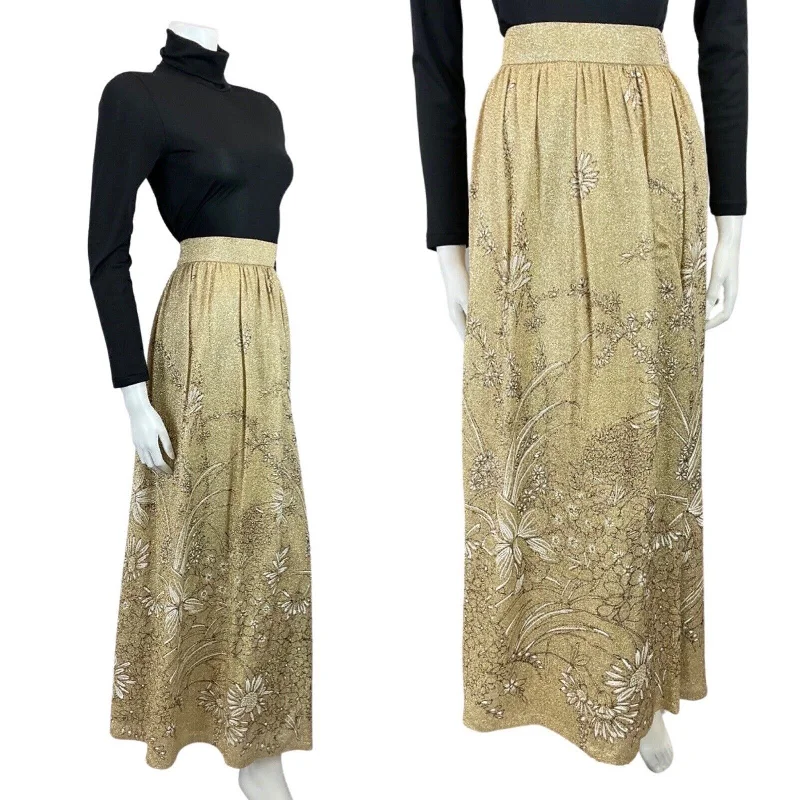 Unmissable Offers Await!VINTAGE 60s 70s GOLD WHITE FLORAL LEAFY GLITTER LUREX DISCO PARTY MAXI SKIRT 10