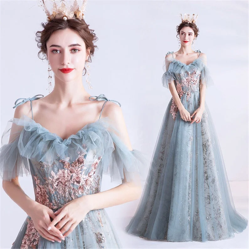 Must-Have Deals Inside!Vintage Prom Dress Light Blue Spaghetti Off Shoulder Formal Party Dress Sequined Ball Gown   cg21491