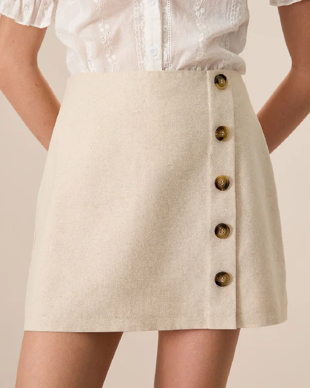 Everything Must Go!Women's Beige High-Waisted Cotton Button Mini Skirt