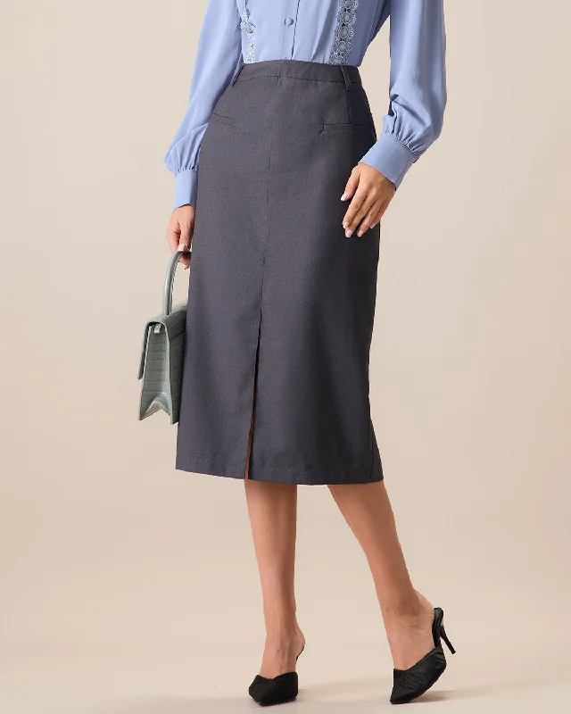 New Discounts Just Dropped!Women's Grey High-waisted Straight Slit Midi Skit