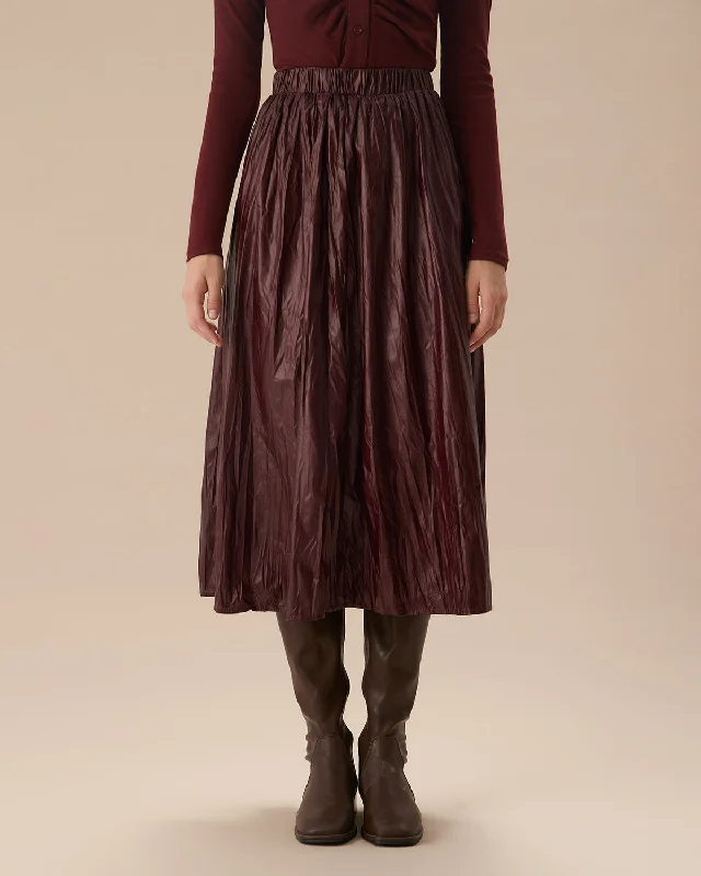 Don’t Wait – Shop Today!Wine Red Elastic Waist Ruched Midi Skirt