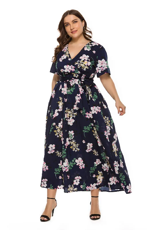 Limited Time Offer!KittenAlarm - Plus size Bohemian V-neck split short sleeve dress