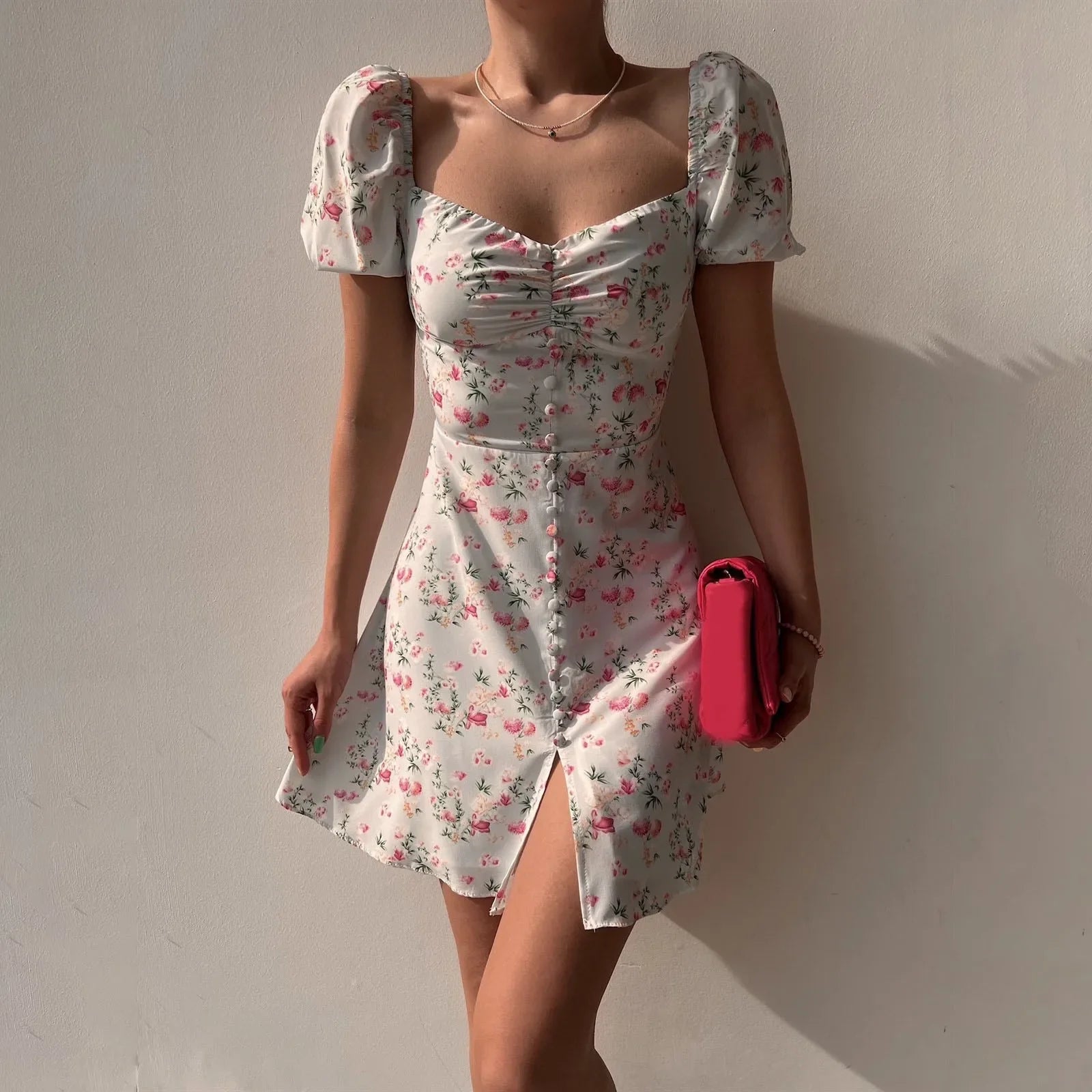 Savings You Can’t Ignore!Bubble Sleeve V Neck Elegant Clearance Sale Women's Floral Shorts Boho Dress