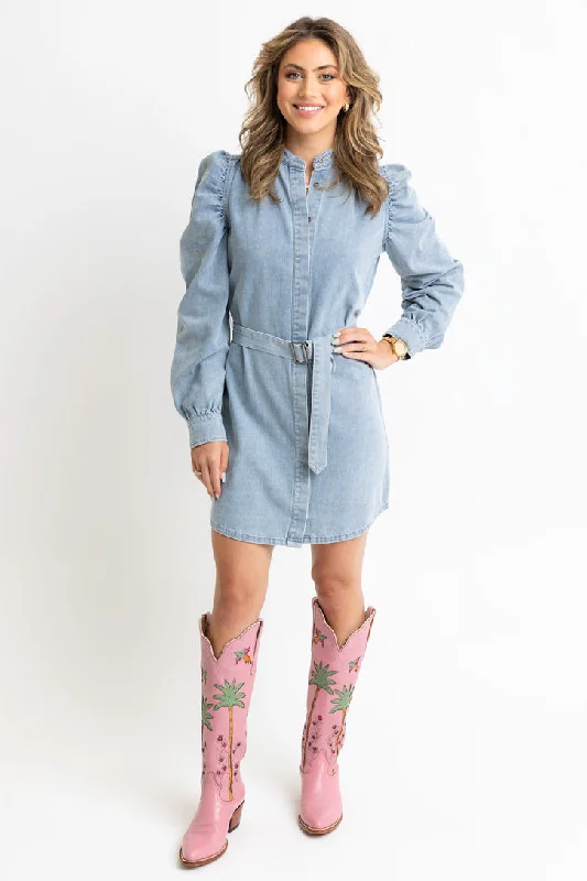 Your Chance to Save is Now!Denim Puff Sleeve Belted Dress