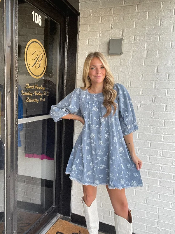 Special Discounts Inside!Denim & White Floral Dress