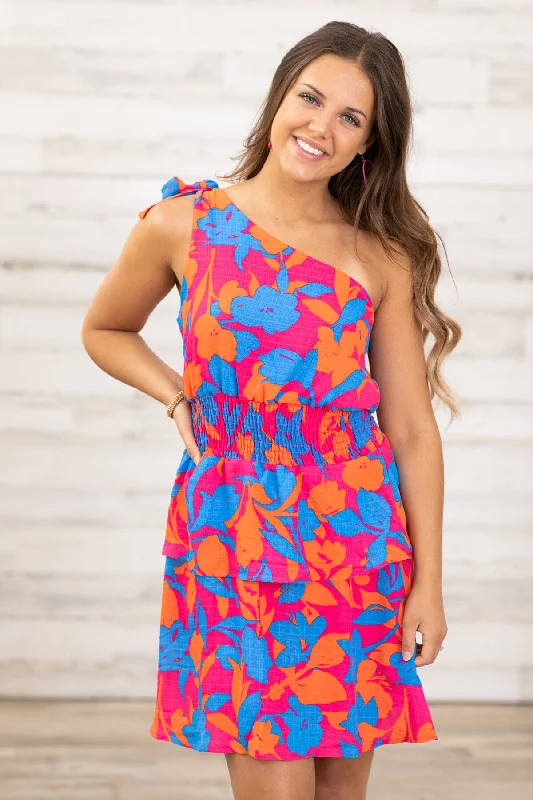 Limited Edition, Limited Price!Fuchsia and Royal Floral One Shoulder Dress
