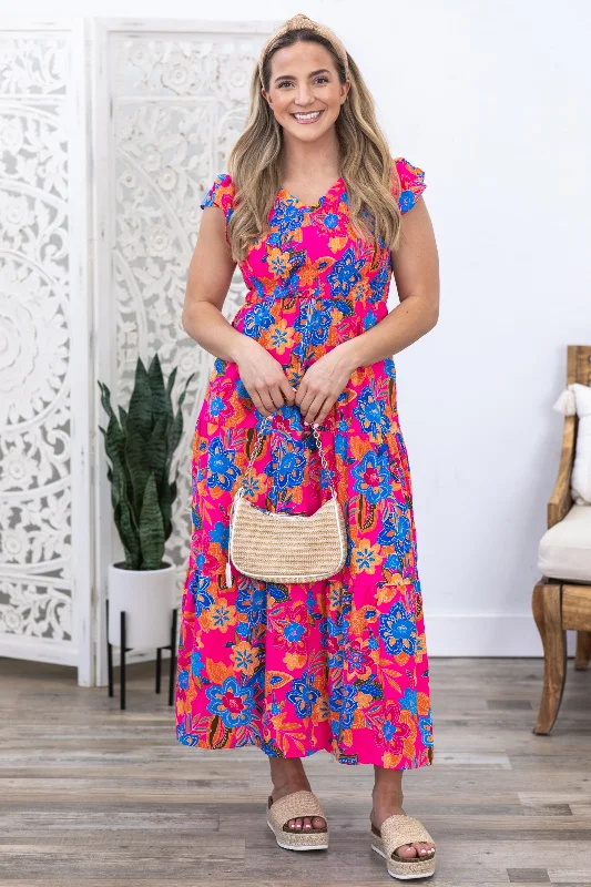 Great Deals, Just for You!Fuchsia Boho Floral V-Neck Tiered Dress